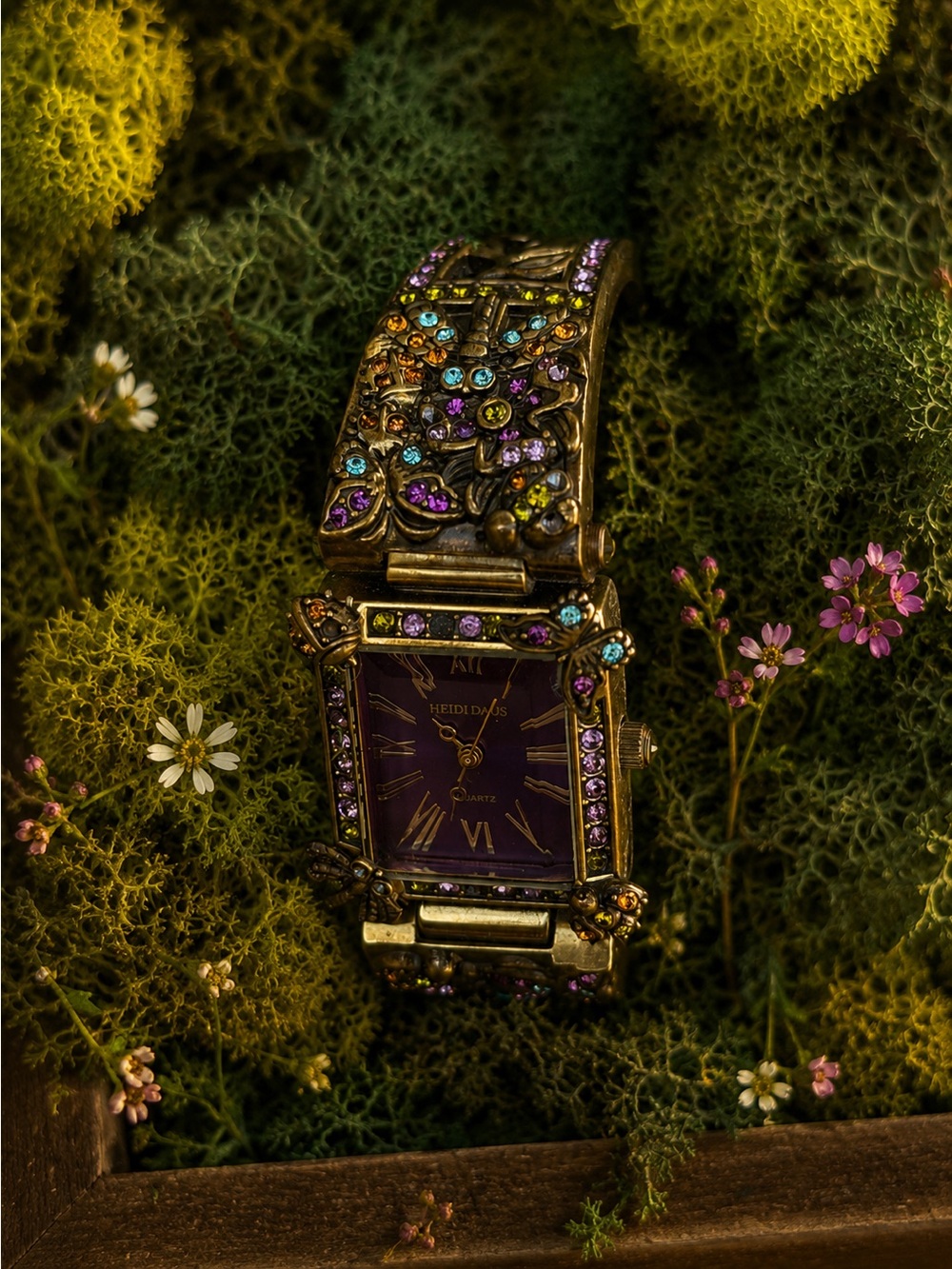 Heidi Daus Dragonfly Crystal Cuff Watch Purple Dial Art Nouveau Bracelet Watch